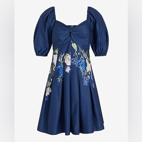 Floral Twist Front Puff Sleeve Pleated Mini Dress - Picture 6 of 8